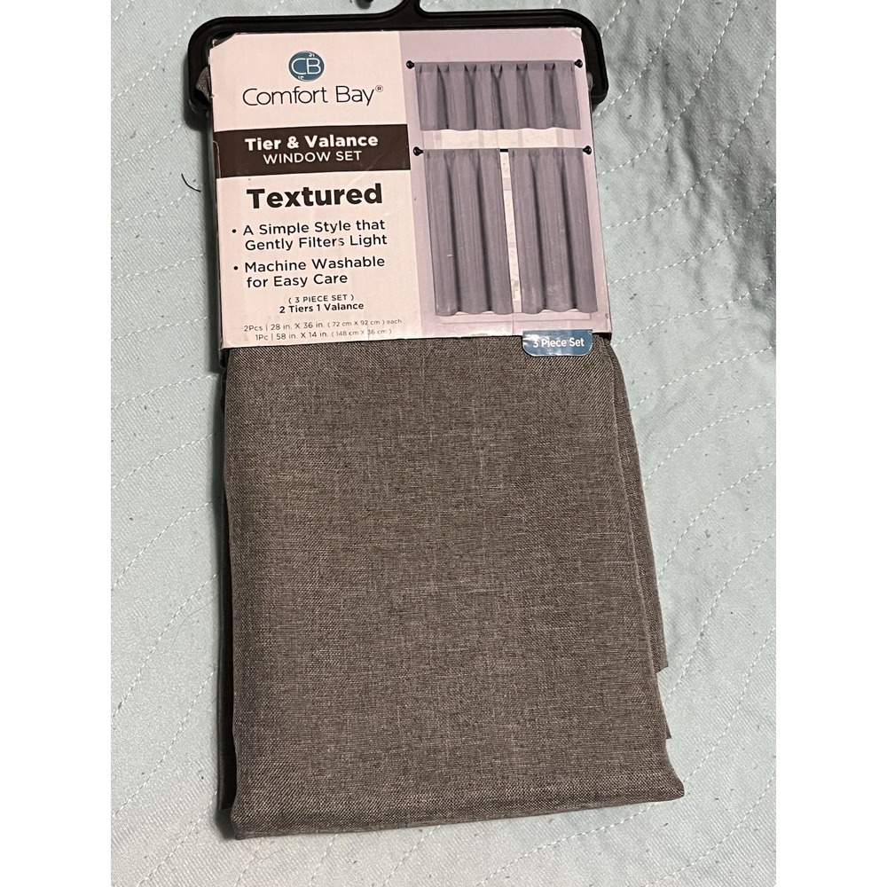 COMFORT BAY~GRAY~TEXTURED~3 PIECE TIER & VALANCE CURTAIN‎ SET~NEW~ROD POCKET